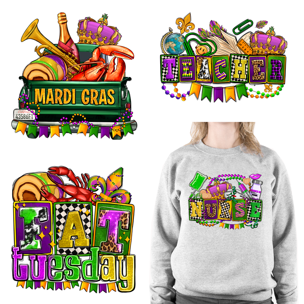 DTF-transfer-canada-Happy-Mardi-Gras-Teacher-Nurse-DTF-Printing-Designs-Thermo-Iron-on-Decals-Heat-Transfers-Stickers-for